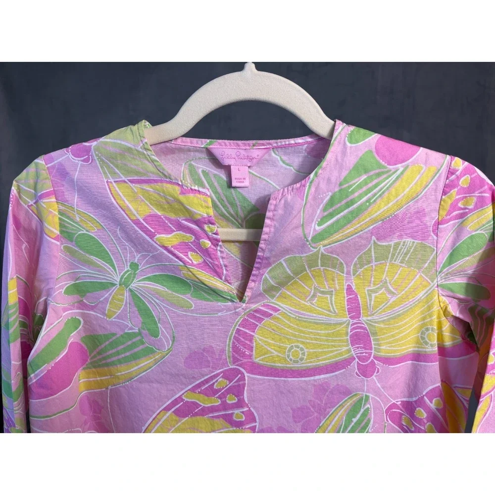 Lilly‎ Pulitzer Girls Butterfly Pink Tunic Dress 100% Cotton Beach Pool Preppy L